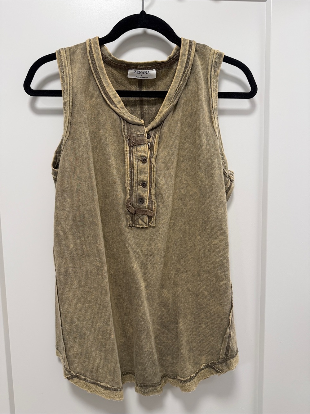 Zenana Outfitters Washed Tan Button-Front Sleeveless Henley Tank